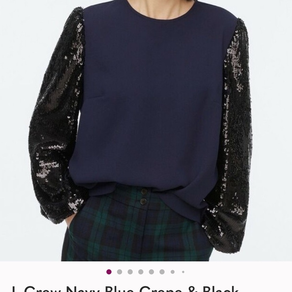 J. Crew Dark Blue Blouse with Black Sequin Sleeves